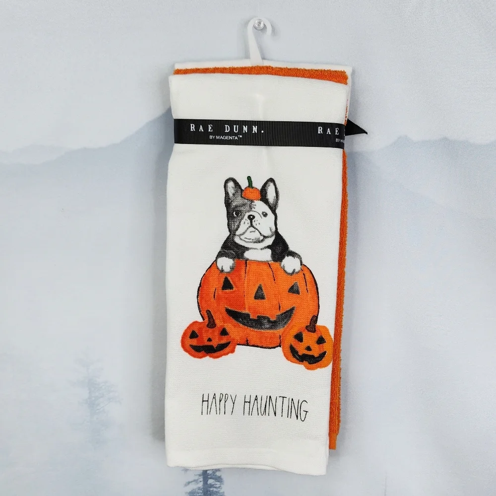 Frenchie Happy Haunting Kitchen Towel Set Of 3 - Rae Dunn By Magenta NWT